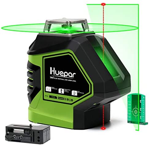 Huepar Self-Leveling Green Laser Level Cross Line with 2 Plumb Dots Laser Tool -360-Degree Horizontal Line Plus Large Fan Angle of Vertical Beam with Up & Down Points -Magnetic Pivoting Base 621CG