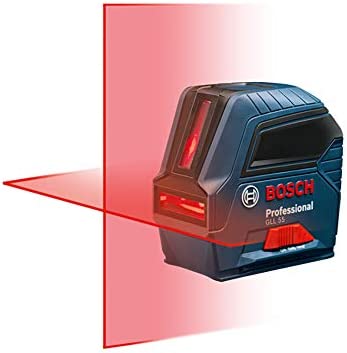 Bosch GLL55 50ft Cross Line Laser Level Self-Leveling with VisiMax Technology, L-Bracket Adjustable Mount and Hard Carrying Case