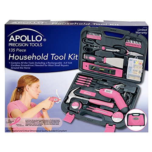 공구함 공구선반 Apollo Precision Tools DT0773N1 Household Tool Kit Pink 135-Piece Donation Made Breast Cancer Research