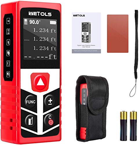 WETOLS Laser Distance Meters, 196ft M/In/Ft Laser Measure with Electronic Angle Sensor and Mute Function, Backlit LCD, for Pythagorean, Distance, Area and Volume Measuring, WE-183