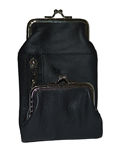Genuine Leather Slim Cigarettes Case Holder Pack Regular or 100s & Lighter Pocket with Metal Twist Clasp, Black