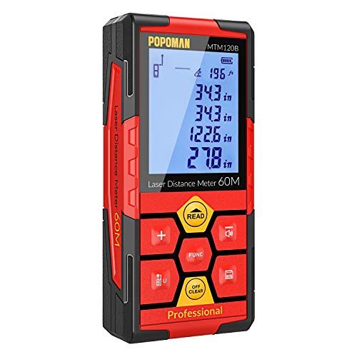 Laser Measure, 196Ft USB Rechargeable Laser Distance Meters with Electronic Angle Sensor, Mute Function, Measure Distance, Area and Volume, Pythagoras POPOMAN - MTM120B