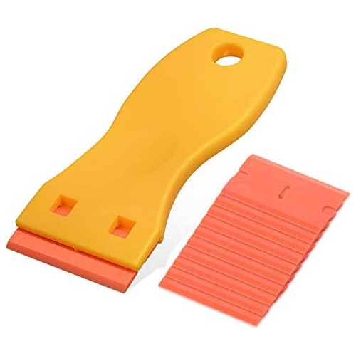 Ehdis 1.5-inch Plastic Razor Scraper with 10pcs Double Edged Plastic Blades for Removing Labels Stickers Decals on Glass Windows, Yellow