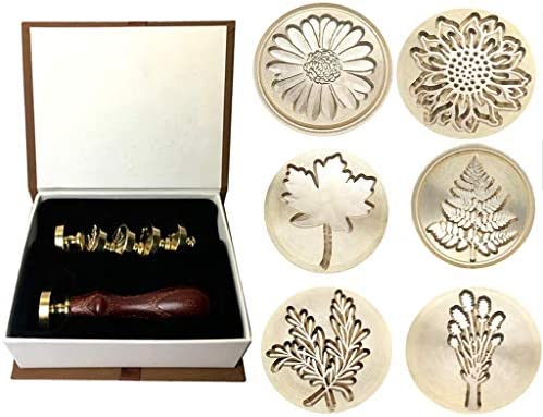 Moorlando Wax Seal Stamp Set, 6PCS Botanical Sealing Wax Stamp Brass Heads + 1PC Wooden Handle with a Gift Box Vintage Retro Wax Stamp Sealing for Invitations Cards Letters Envelopes