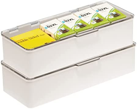 도장케이스 mDesign Plastic Stackable Home Office Supplies Storage Organizer Box Attached Hinged Lid - Holder Bin Note Pads Gel Pens Staples Dry Erase Markers Tape 2팩 Light Gray