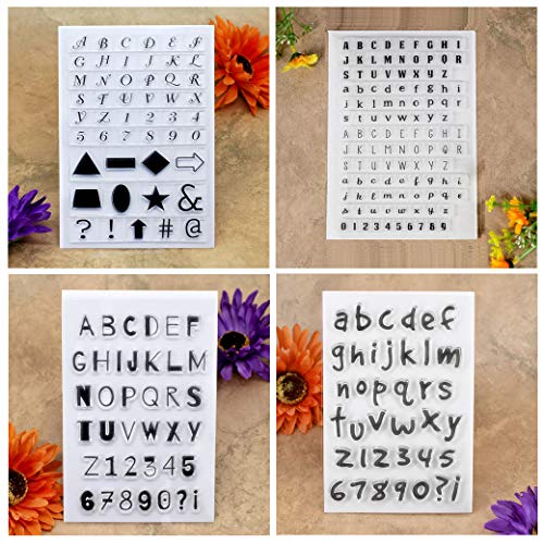 Kwan Crafts 4 Sheets Different Style English Alphabet Capital Lower Case Number Geometry Clear Stamps for Card Making Decoration and DIY Scrapbooking