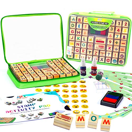 Art with smile Large Wooden Stamp Premium Set for Kids. 72 Pcs Alphabet Stamps. Letters, Numbers, Emojis, 3-Color Washable Ink Pad, 3 Refill Bottles, Activity Book. ABC 123 Stamps Gift for Kid