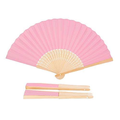 Sepwedd 50pcs Pink Paper Hand Fan White Bamboo Folding Fan Handheld Fans Paper Folded Fan for Wedding Party and Home Decoration