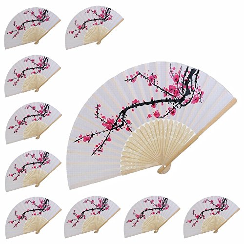VANVENE 10 pcs Delicate Cherry Blossom Design Silk Folding Hand Fan Wedding Favors Gifts Japanese Party