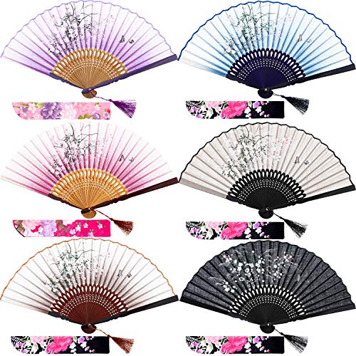 meekoo 6 Pieces Silk 폴딩 Fans Bamboo Hand Held Grassflowers Chinese/Japanese Fan Fabric Sleeves Protection 선물 여성 소녀 Multicolor