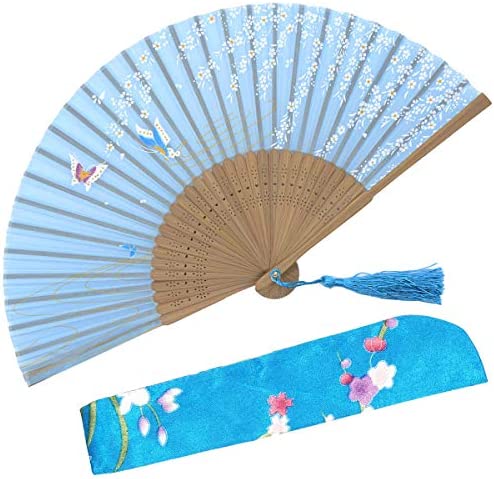 OMyTea 8.2721cm 여성 Hand Held Silk 폴딩 Fans Bamboo Frame - Fabric Sleeve Protection 선물 Chinese Japanese 스타일 Butterflies Willow Pattern WZS-35