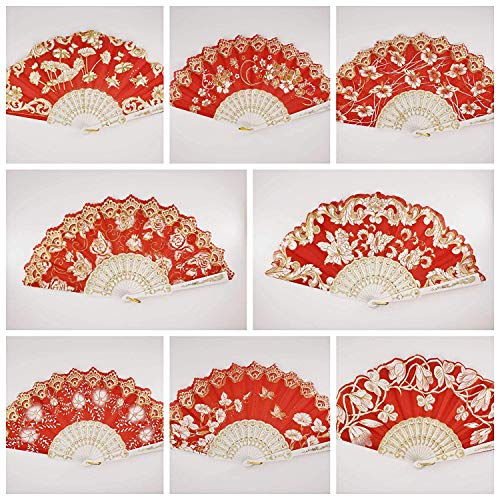 12 Pc Mix Spanish 스타일 Red 골드 Glitter Floral Pattern 폴딩 Fan Wedding Party Decor/Sweet 15 favors/Dancing Hand Fan/Table Setting/Wall Decoration/Out Door Wedding/Wedding Gift