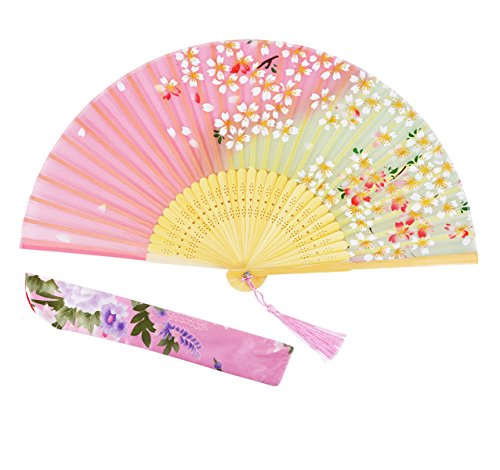 Amajiji 8.27 체리 blossoms Chinease/Japanese Hand Held Silk 폴딩 Fan Bamboo FrameHollow Carve Patterns Frame 여성 Fans 선물 fan Pink