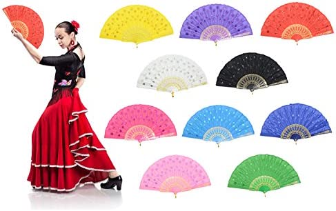 OMyTeaColorful Peacock 폴딩 Hand Held Fans Bulk 여성 - Spanish/Chinese Japanese Vintage Retro Fabric Wedding Church Party 선물 Mixed Colors 10pcs