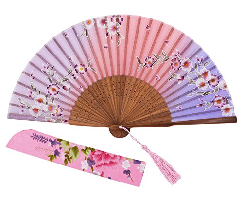 meifan Chinese/Japanses Classical Handmade Vintage 폴딩 Bamboo Silk Flower Pattern Hand Fan MFN PinkPurple