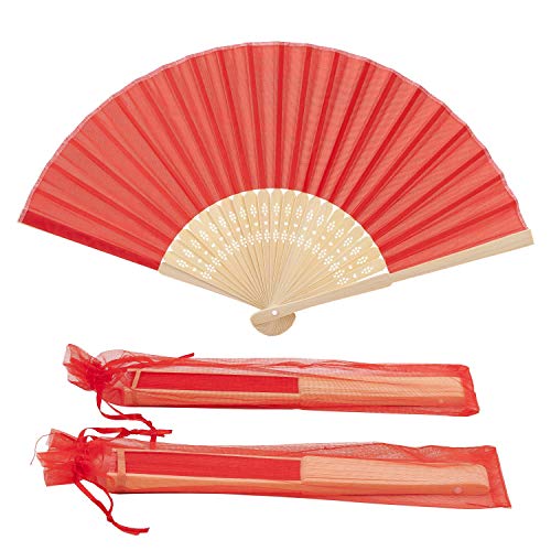 Sepwedd 50pcs Red Imitated Silk Fabric Bamboo Folded Hand Fan Bridal Dancing Props Church Wedding Gift Party Favors with Gift Bags