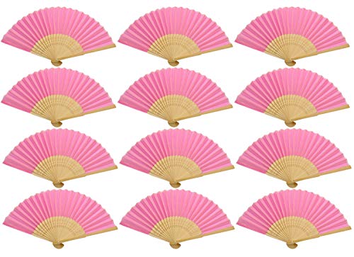 Bestsellers&Co Pro Fans for Wedding Guests - Silk Fabric Bamboo Folded Hand Fan for Women - Held Folding Party Favor Fans - Handheld Fan for Church Gift (Pink, 12)
