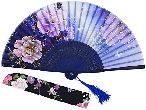 Amajiji® Chinese Japanese Folding Hand Fan for Women,Vintage Retro Style 8.27 (21CM) Bamboo Wood Silk Hand Fans (CL-08)