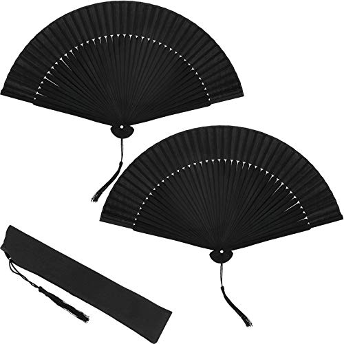2 Pieces Silk Folding Hand Fan Black Bamboo Handheld Fan Chinese Folded Fan with Tassel for Dance Party Home Decorations