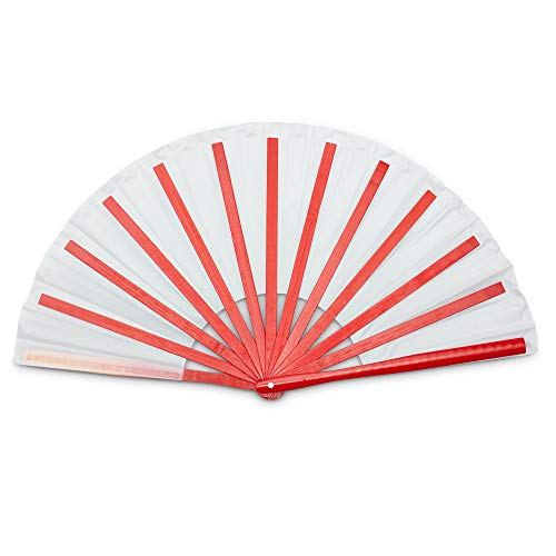 Bamboo Large Chinese Hand Fan - Red White Frame Chinese/Japanese 악세사리 Party Favor 폴딩 여성 Nylon Cloth Fabric Long-Lasting Durable