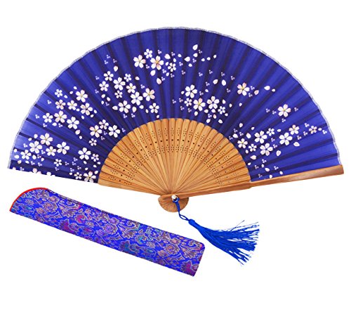 Amajiji® Charming Elegant Modern Woman Handmade Bamboo Silk 8.66 (22cm) Folding Pocket Purse Hand Fan, Collapsible Holding Painted Fan with Silk Pouches/Wrapping. (Blue)
