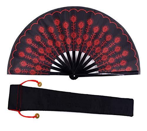 Amajiji Large Peacock Rave Hand Fans Chinease/Japanese Nylon-Cloth 폴딩 Women/Men Fabric 케이스 Protection Festival 선물 Fan Craft Dance Red