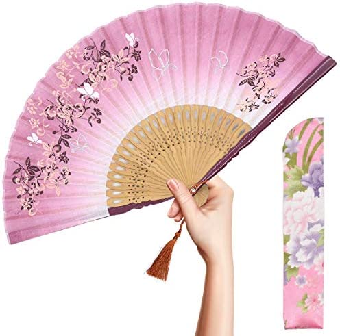 OMyTea 8.27(21cm) Women Hand Held Silk Folding Fans with Bamboo Frame - with a Fabric Sleeve for Protection for Gifts - Chinese/Japanese Style Butterflies and Morning Glory Flowers Pattern (Brown)