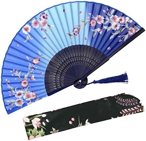 OMyTea® Hand Held Silk Folding Fans with Bamboo Frame - with a Fabric Sleeve for Protection for Gifts - 100% Handmade Oriental Chinese/Japanese Vintage Retro Style - for Women Ladys Girls (WZS-24)