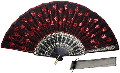 Newstarfactory Embroidered Flower Peacock Pattern Sequin Fabric Folding Handheld Hand Fan Hand-Crafted