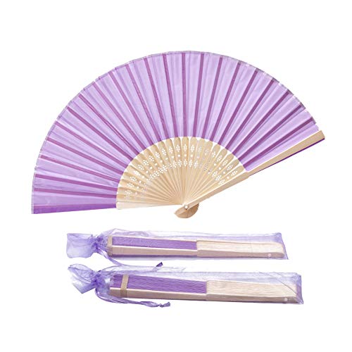 Sepwedd 50pcs Violet Imitated Silk Fabric Bamboo Folded Hand Fan Bridal Dancing Props Church Wedding Gift Party Favors with Gift Bags