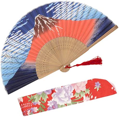 OMyTea Landscape 8.2721cm 폴딩 Hand Held Fan - Fabric Sleeve Protection 선물 Japanese Vintage Retro 스타일 Kanagawa Sea Waves