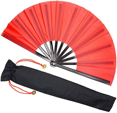 Zolee Large Rave Folding Hand Fan for Men/Women - Chinese Japanese Solid Kung Fu Tai Chi Handheld Fan with Fabric Case - for EDM, Music Festival, Club, Event, Party, Dance, Performance, Gift (Pink)