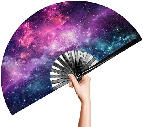 OMyTea Large Bamboo Rave Festival Folding Hand Fan for Men/Women - Chinese Japanese Handheld Fan with Fabric Case - for Electronic Dance Music Party, Performance, Decorations, Gift (Galaxy)