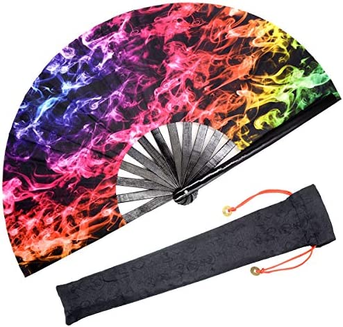 OMyTea Bamboo Large Rave 폴딩 Hand Fan Men/Women - Chinese Japanese Handheld Fabric 케이스 Electronic Dance 뮤직 Festival Party Performance Decorations 선물 Trippy
