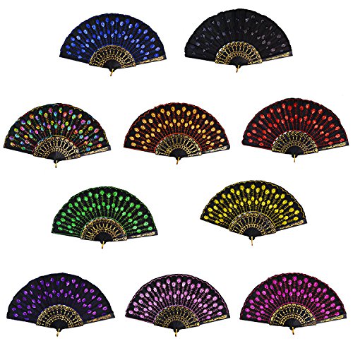 Rbenxia Vintage 폴딩 Hand Fans Fabric Embroidered Sequins Fan팩 10 Pieces Random Color