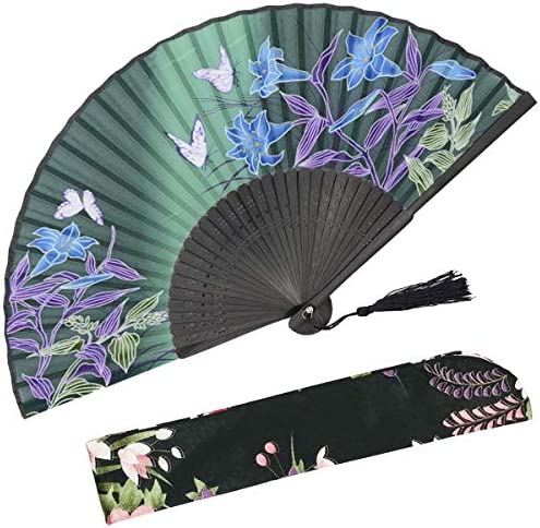 OMyTea Hand Held Silk 폴딩 Fan Bamboo Frame - Fabric Sleeve Protection 선물 100% Handmade Oriental Chinese Japanese Vintage Retro 스타일 여성 Ladys 소녀 WZS-27