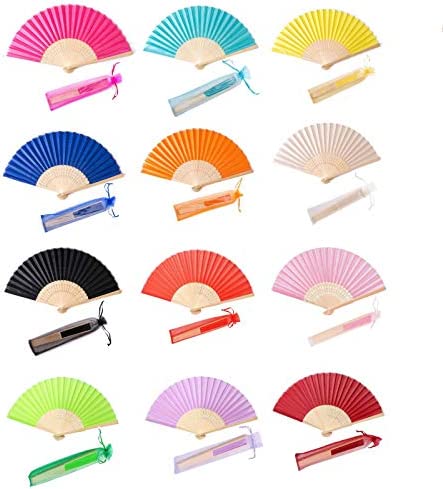 SL crafts 24pcs Lmitated Silk Hand Fan Lmitated Silk Fabric Bamboo Handheld Folded Fan Bridal Dancing Props Church Wedding Party Favors with Gift Bags (Royal Blue)