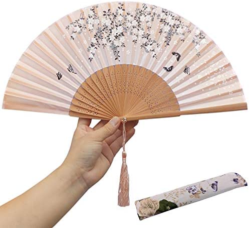 XGAKWD Folding Hand Fan with Tassel, Chinease/ Japanese Handmade Silk Bamboo Hand Held Fans for Womens Gifts Wedding Party Favors Supplies (Gold)