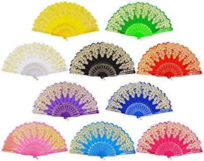 Amajiji Hand Fans for Women, Rose Lace Folding Hand Held Fans Bulk for Women - Spanish/Chinese/Japanese Vintage Retro Fabric Fans for Wedding, Church, Party, Gifts (Mixed Colors, 10pcs)