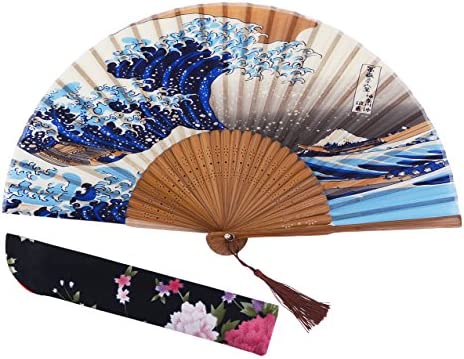 Amajiji Sea Waves 8.27(21cm) Chinease/Japanese Hand Held Silk Folding Fan with Bamboo Frame,Hollow Carve Patterns Bamboo Frame Women Hand Folding Fans Hand Fan Gift Fan Folding Fan (Sea Waves)