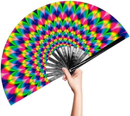OMyTea Large Bamboo Rave Festival Folding Hand Fan for Men/Women - Chinese Japanese Handheld Fan with Fabric Case - for Electronic Dance Music Party, Performance, Decorations, Gift (Trippy)
