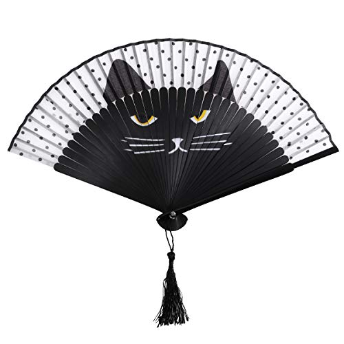 OULII 여성 Cartoon Cat 폴딩 Silk Fan Handheld Black