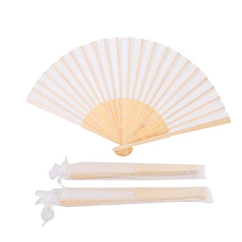 Sepwedd 50pcs White Imitated Silk Fabric Bamboo Folded Hand Fan Bridal Dancing Props Church Wedding 선물 Party Favors Bags