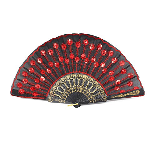 Radix Elegant Fabric Folding Hand Fan (Red/Black) - Snaps Open, Easy to Handle. Cools effortlessly. Perfect Ballet and Dance Fan.