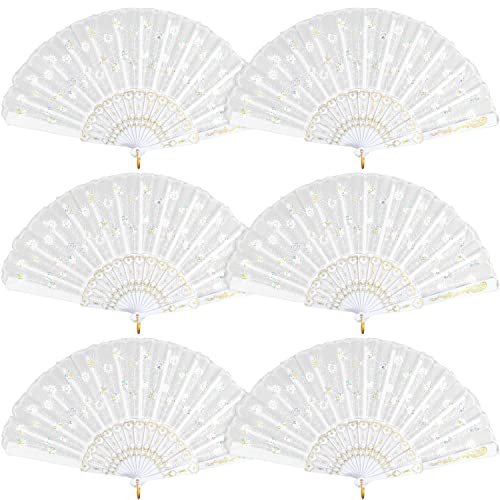 6 Packs White Spanish Floral 폴딩 Hand Fan 여성 Lace Handheld Fans Wedding Home Decoration