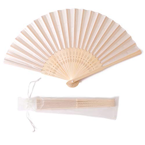 Sepwedd 50pcs Cream-Coloured Imitated Silk Fabric Bamboo Folded Hand Fan Bridal Dancing Props Church Wedding 선물 Party Favors Bags