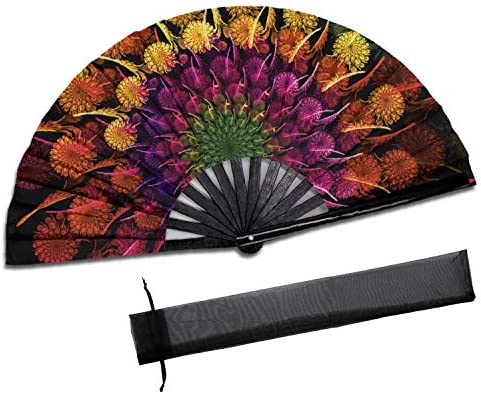 SYNTECSO Folding Hand Fan for Rave, Large Bamboo Fan for Women and Men Gift，Chinese Japanese Clack Fan for Parties, Music Festivals, Drag Race and Decoration (Rainbow Flower)