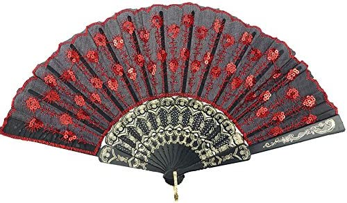 INNOLIFE Elegant Colorful Embroidered Flower Peacock Pattern Sequin Fabric 폴딩 Handheld Hand Fan Hand-crafted Full 세트 - 10pcs Mixed Colors 8 carrying pouches