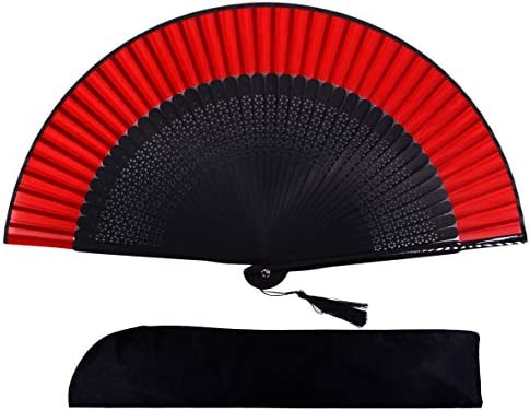 Amajiji 8.27(21cm) Hand Held Bamboo Silk Folding Fan Hand Fan,Chinese/Japanese Charming Elegant Vintage Retro Style,Women Ladys Girls Best Gifts (Red)