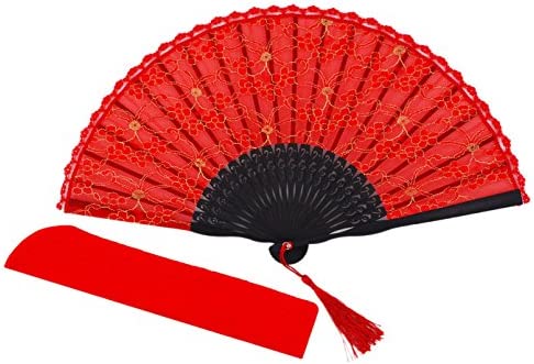 Meifan Womens Multi Color Handmade Cotton Lace Folding Hand Fan (Black-A)